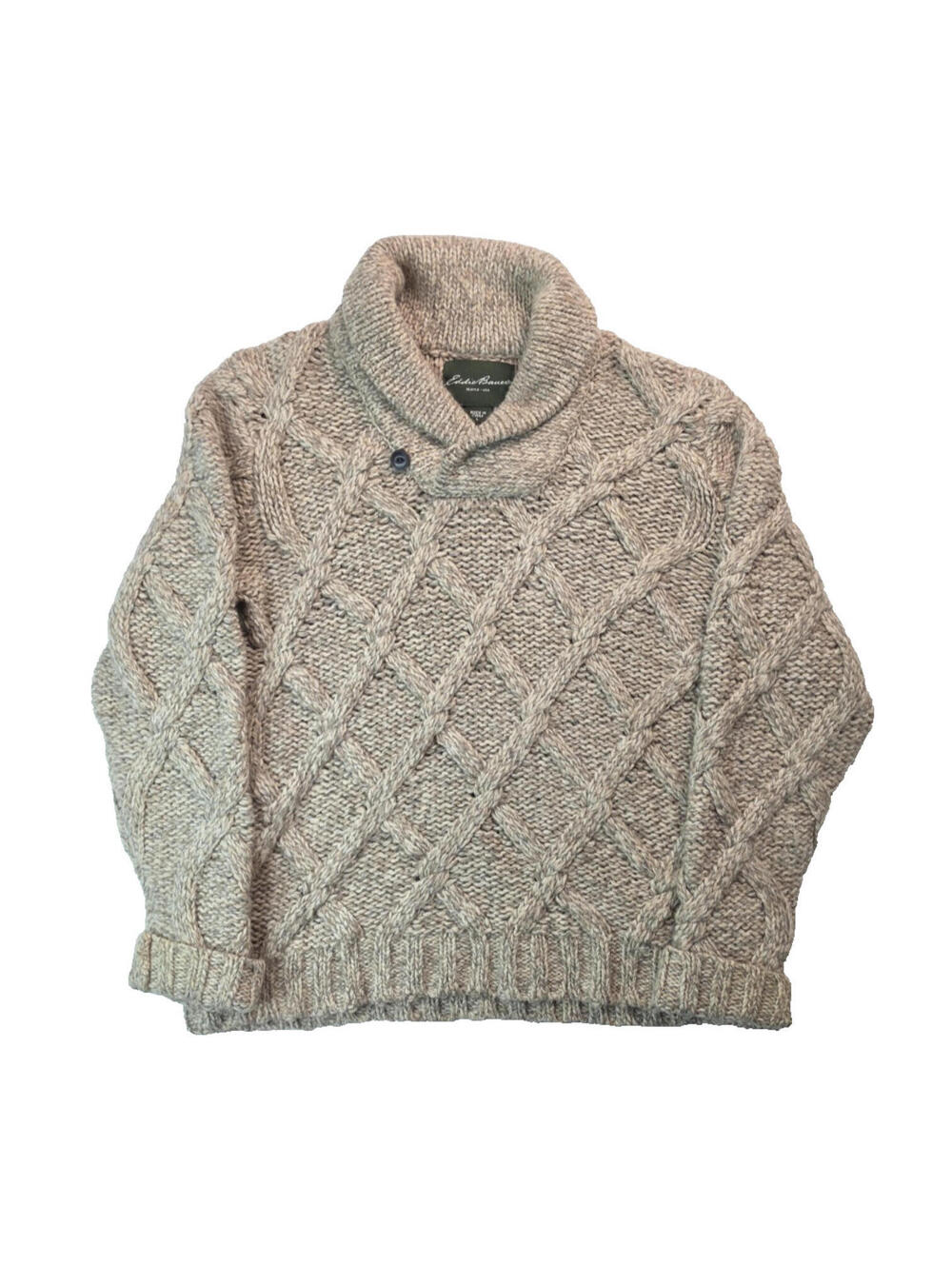 Eddie Bauer Beige Wool Cable Knit Shawl Collar Pullover Sweater Men Size Large L